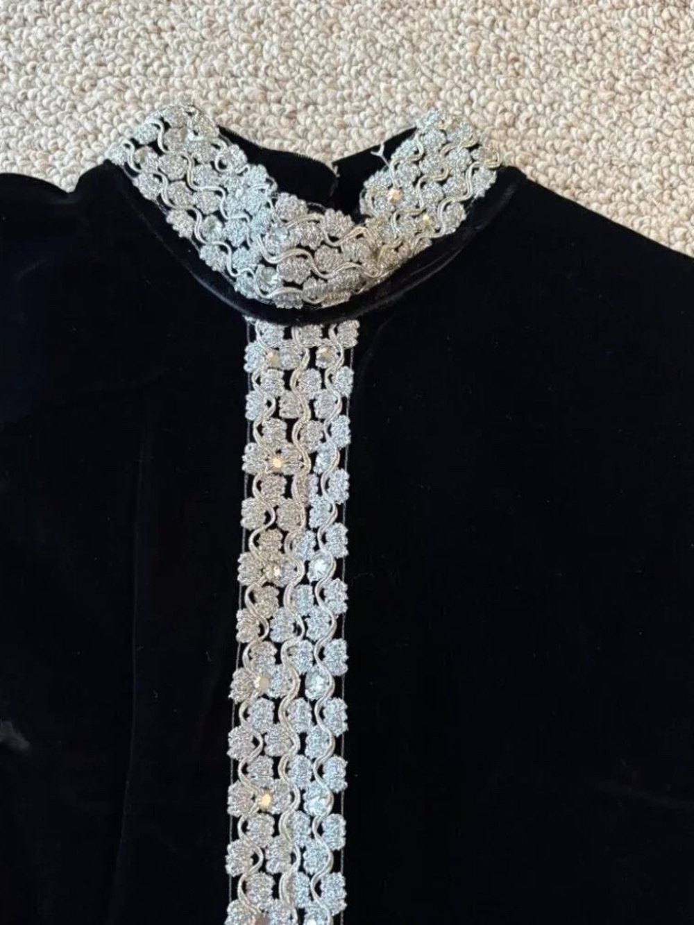 Vintage 70s Black Velvet Column Dress Silver Beaded Mod Evening Gown Glam Chic - Picture 3 of 14
